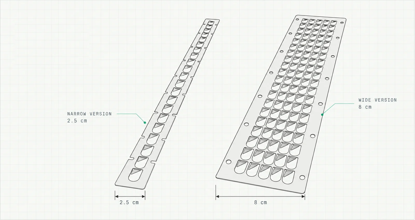 Technical illustration of the two TIKOL formats: narrow version 2.5 cm and wide version 8 cm